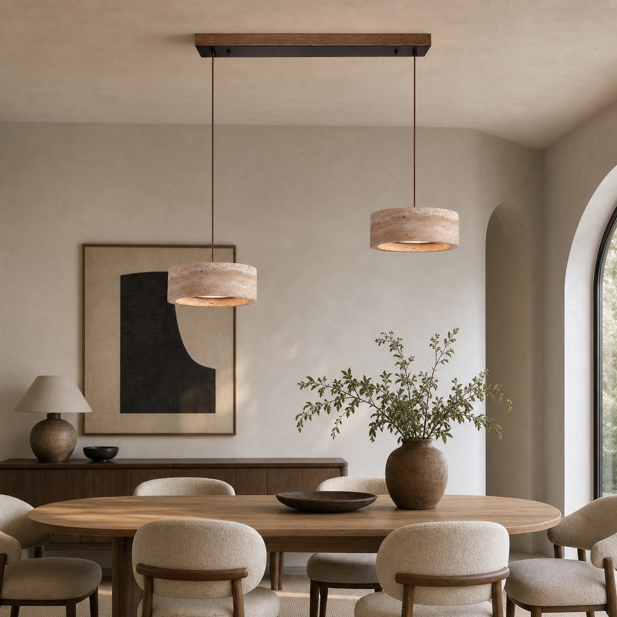 Two-light yellow travertine linear LED pendant in a dining room