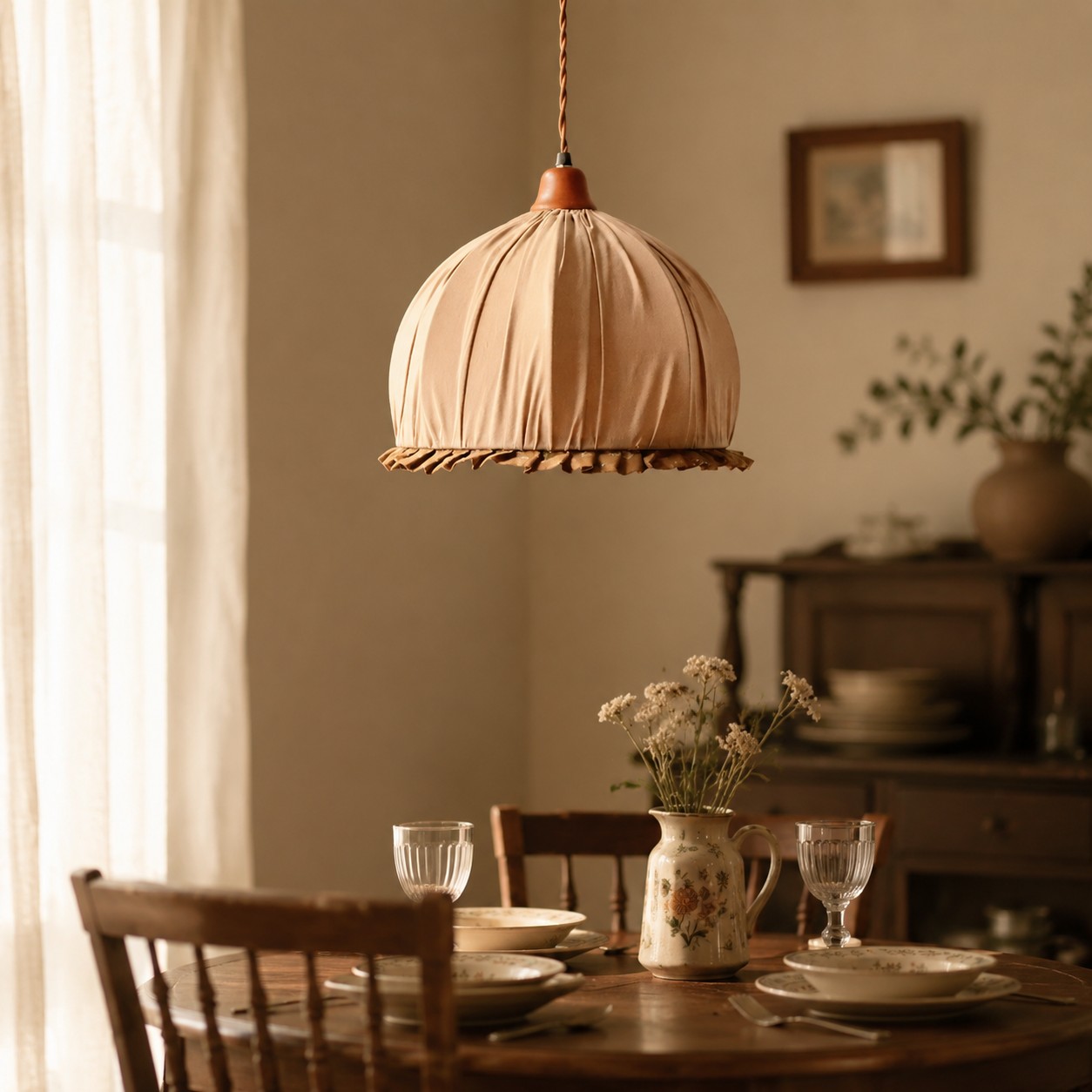 Ruched fabric pendant light in a warm room setting