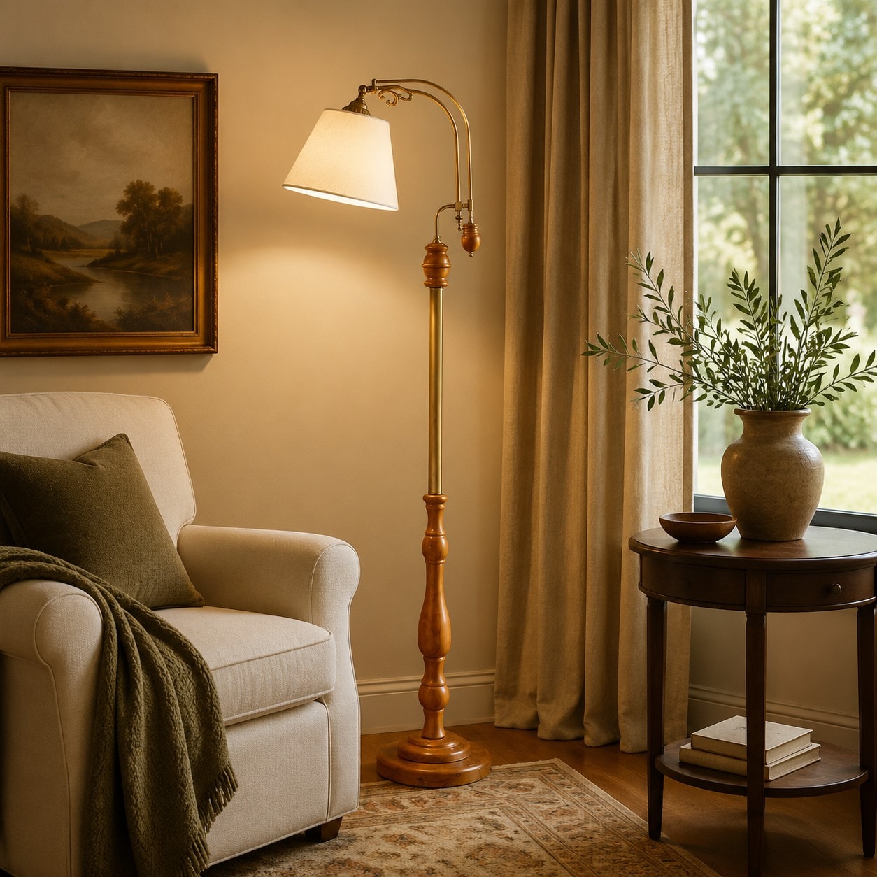 Ivory wood and fabric floor lamp beside an armchair