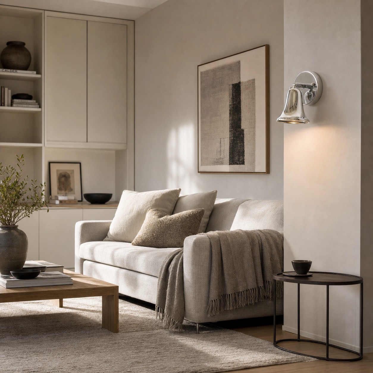 Chrome wall sconce above a sofa
