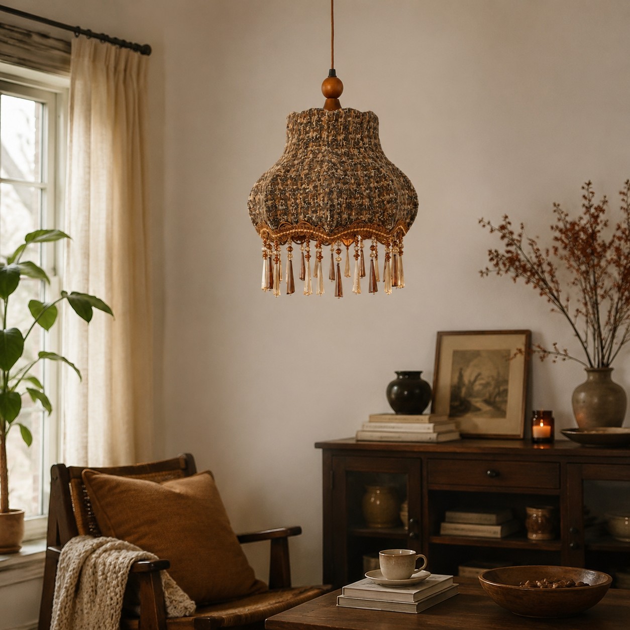 Fabric pendant lamp reading corner scene