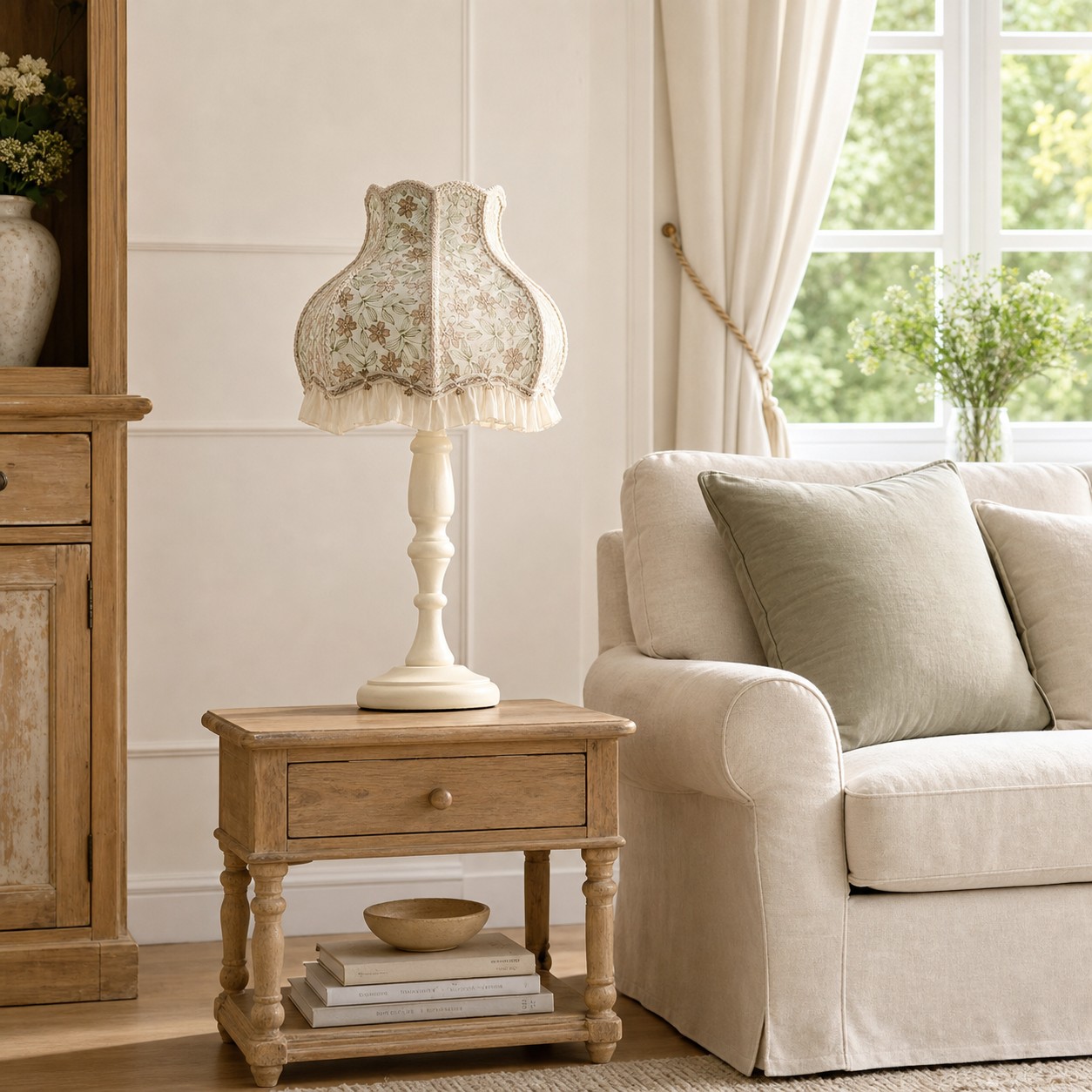 Embroidered floral table lamp on a living room side table
