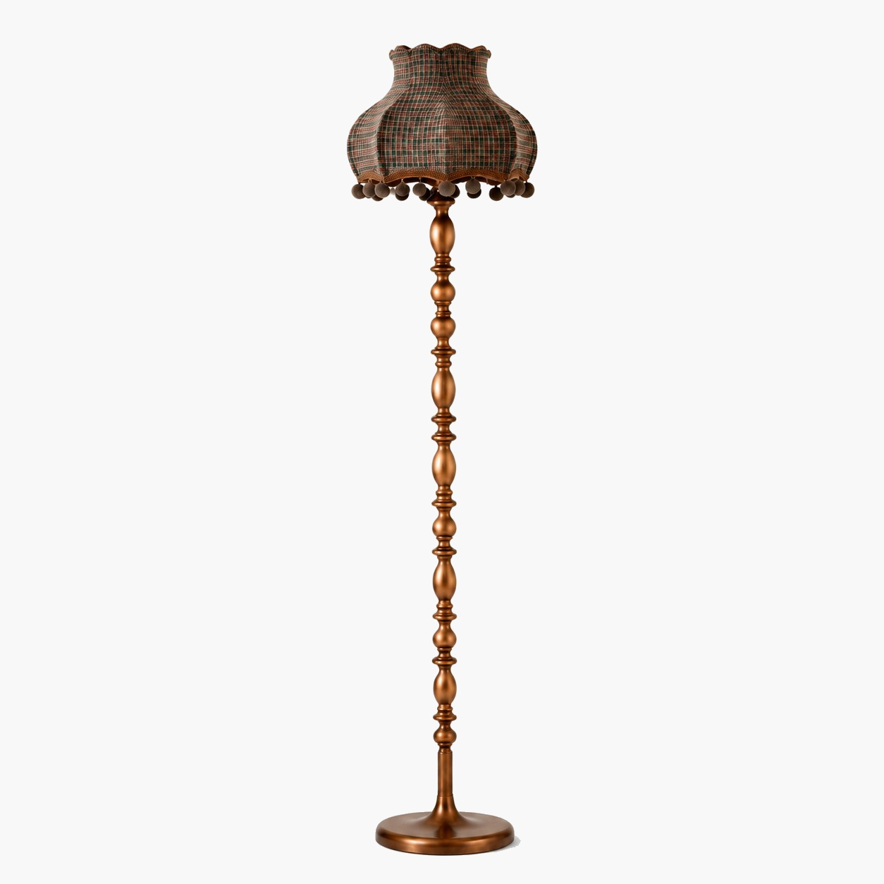 Brown striped floor lamp glowing between a sofa and wooden chest