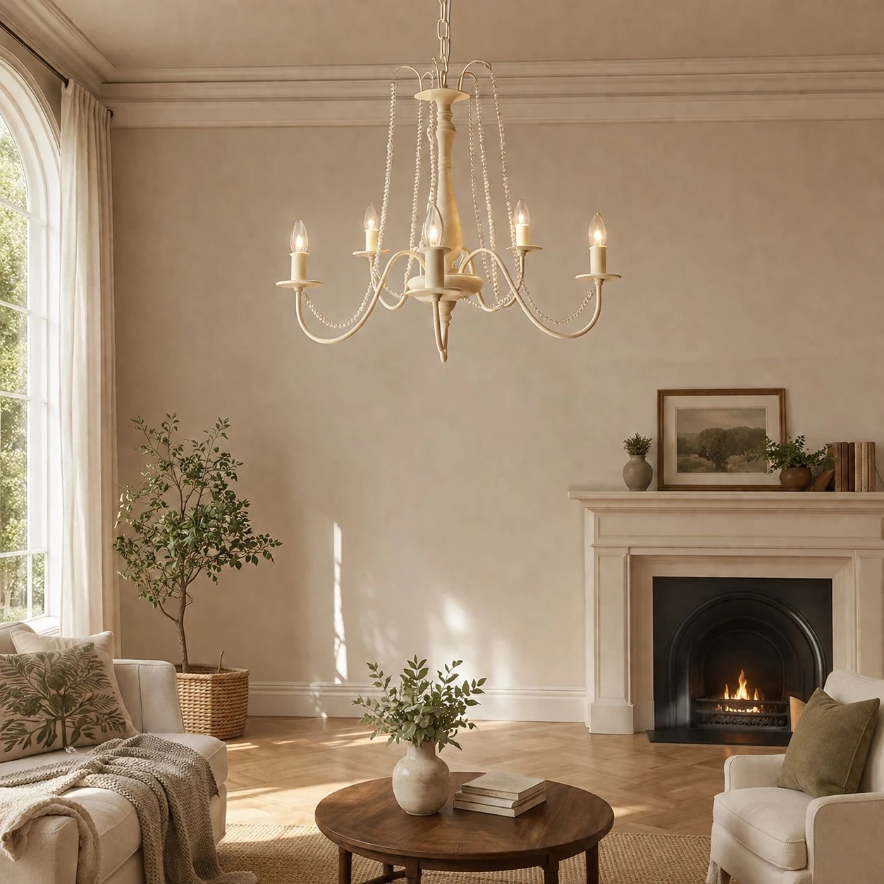 Vintage French crystal candle chandelier in a large living room