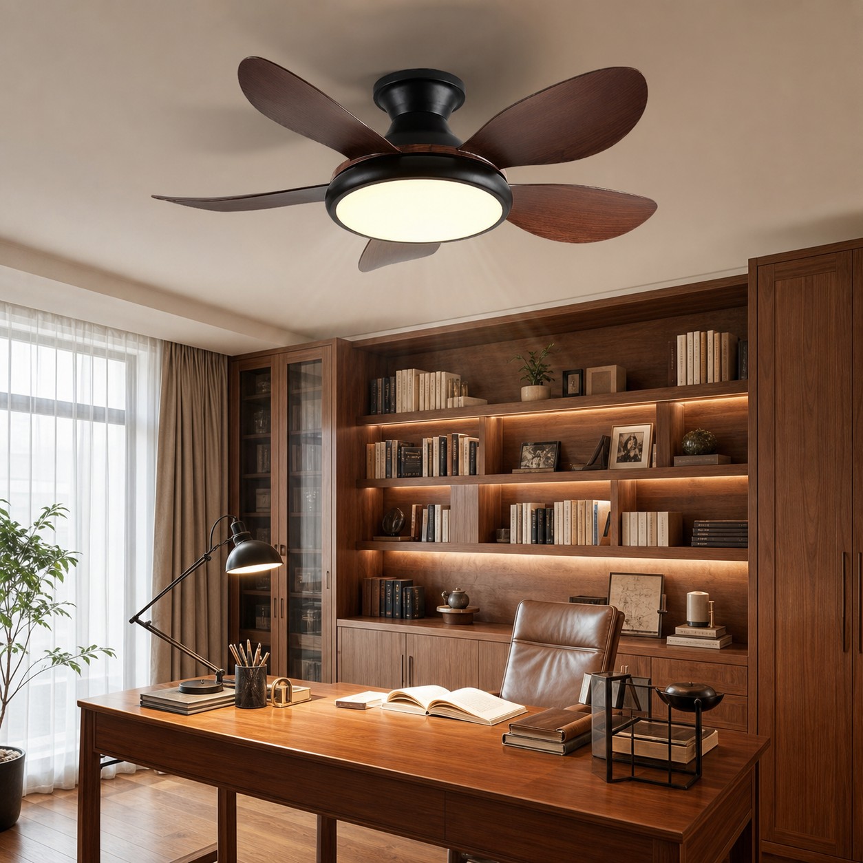 Wood-grain ceiling fan in a study room