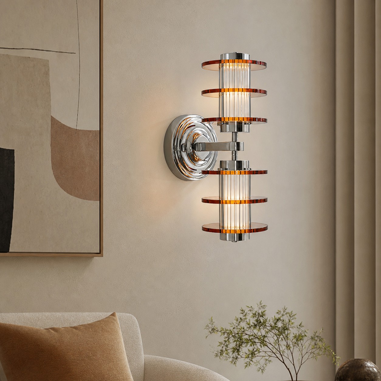 Vertical amber acrylic chrome wall lamp installed in a living room