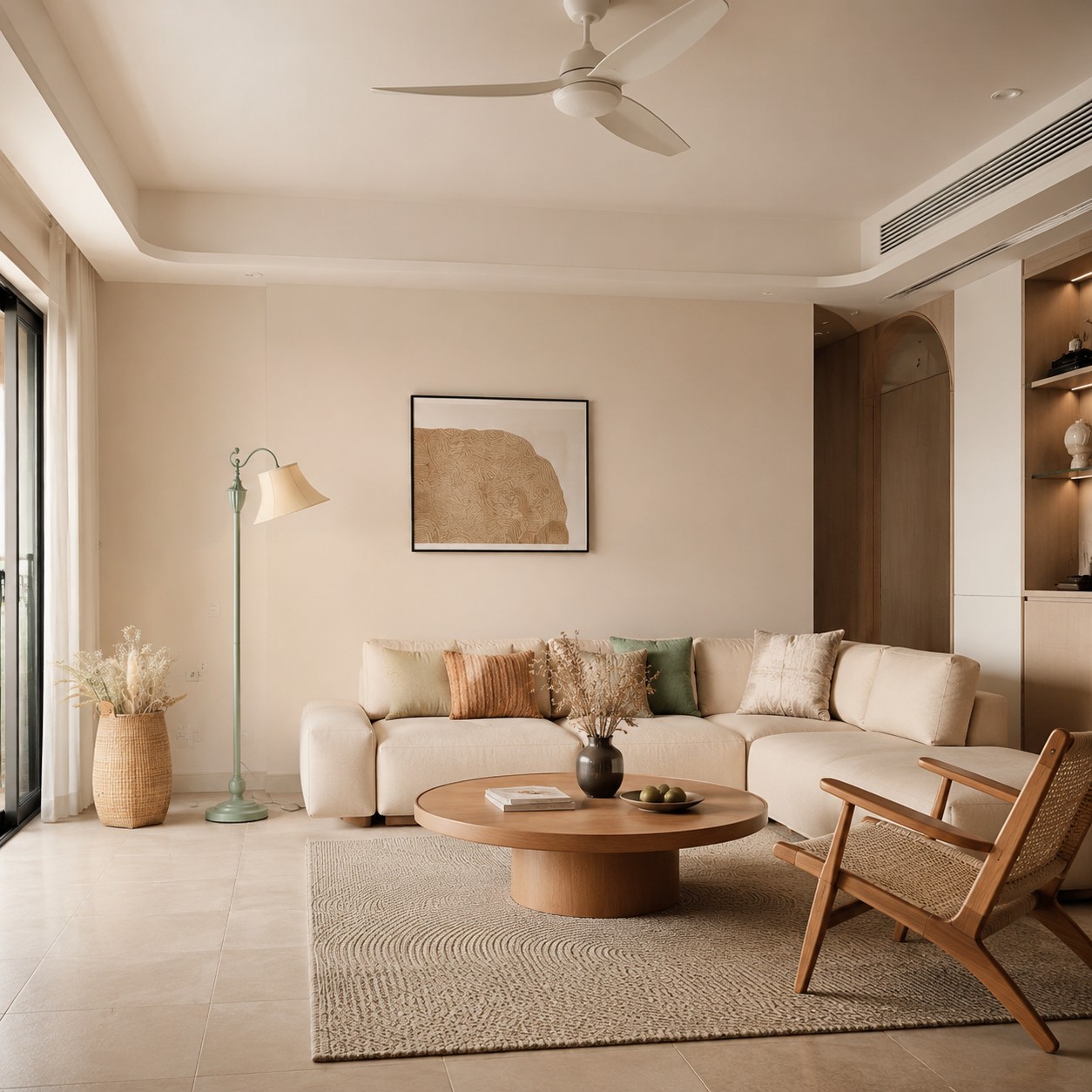 Sage green floor lamp in a calm modern living room