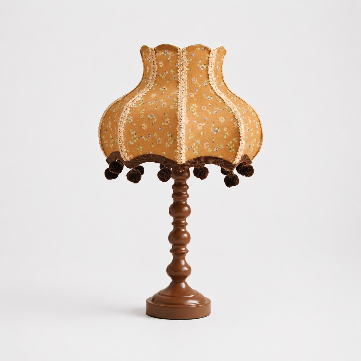 Vintage warm coffee floral fabric table lamp on white background