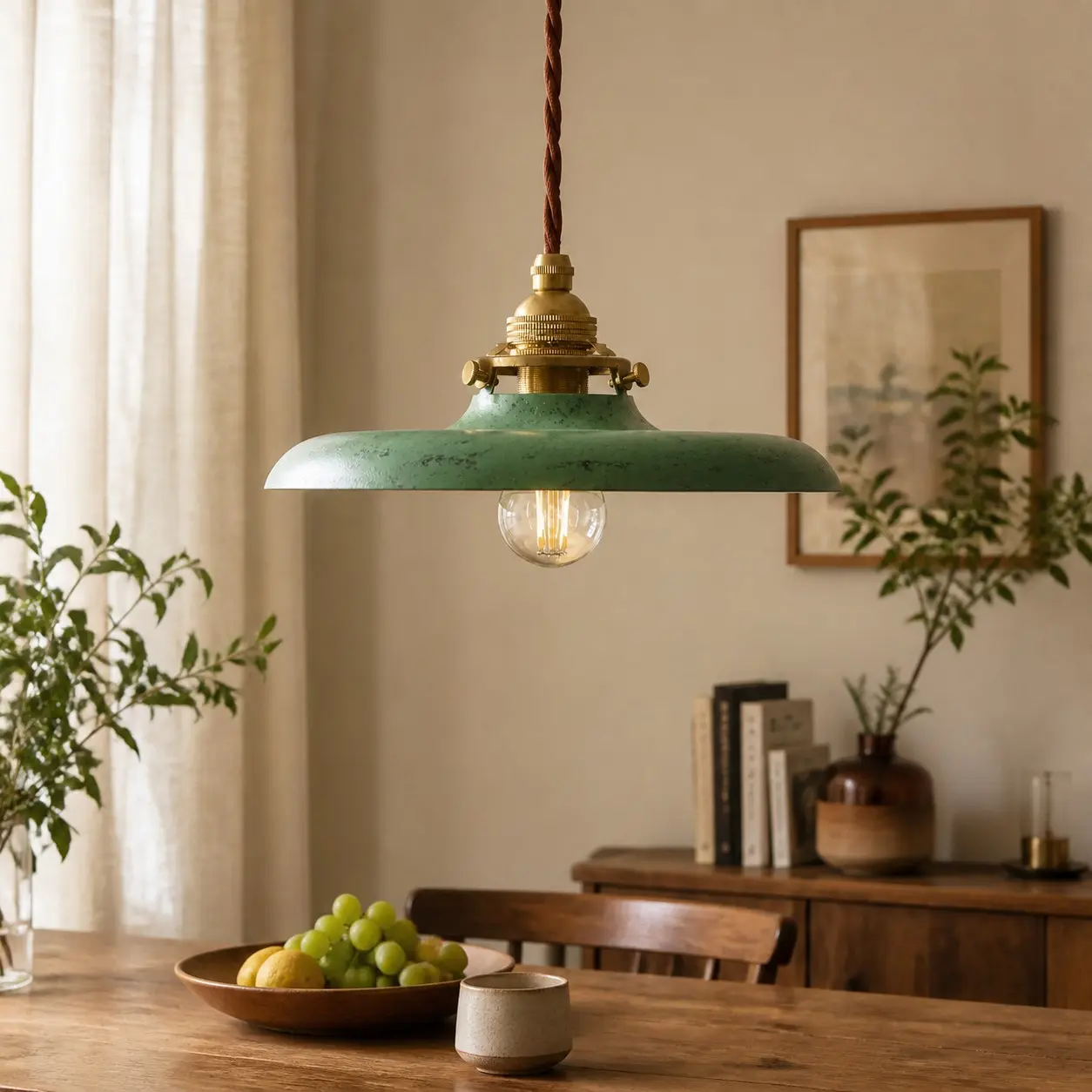 Distressed green pendant light above a dining table
