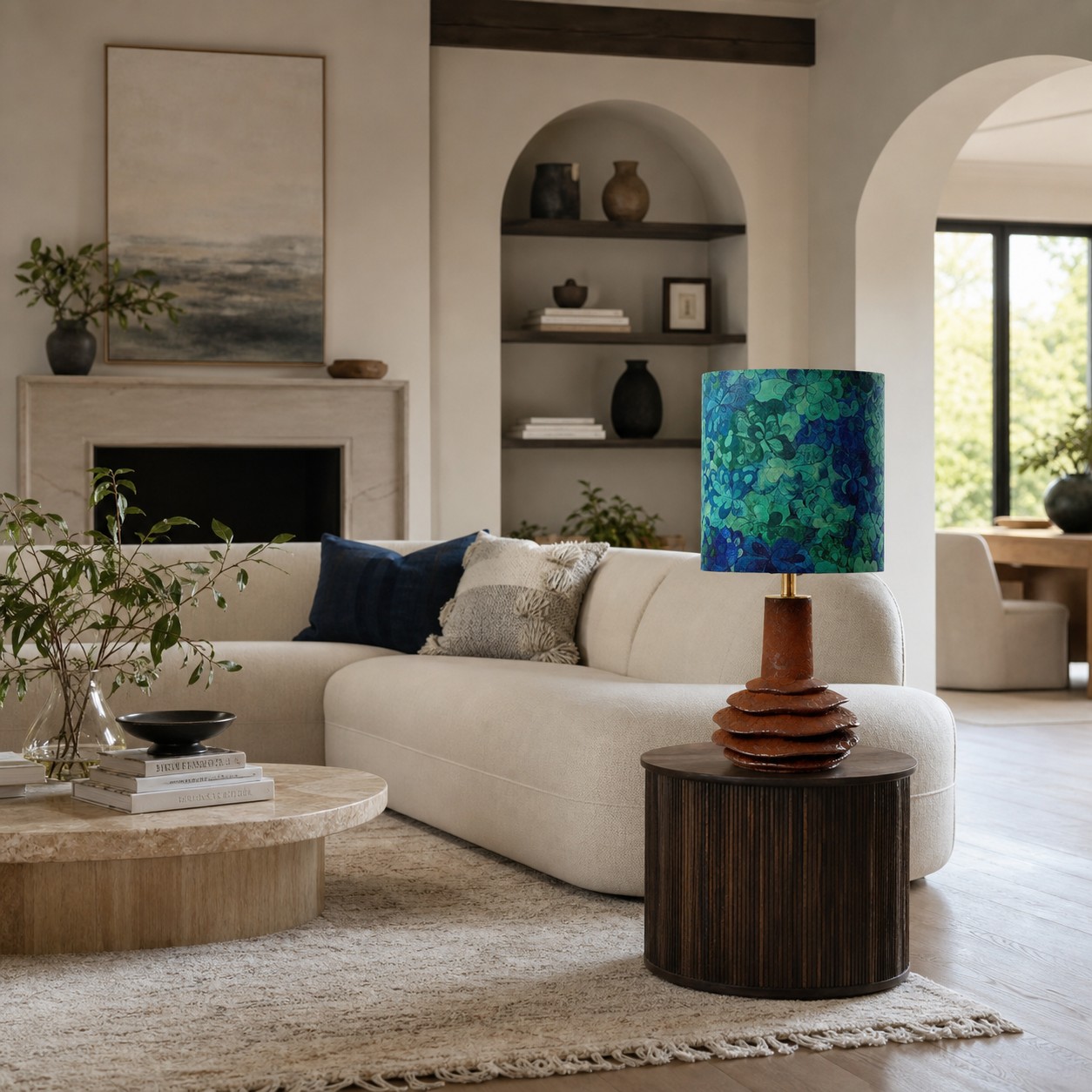 Teal botanical ceramic table lamp in a living room