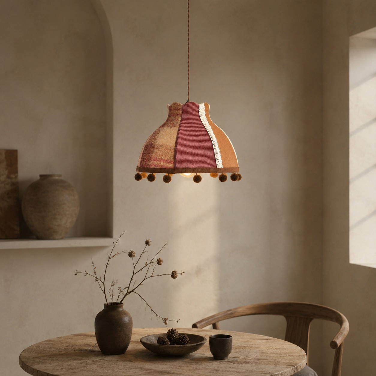 Vintage Red Patchwork pendant in a dining nook