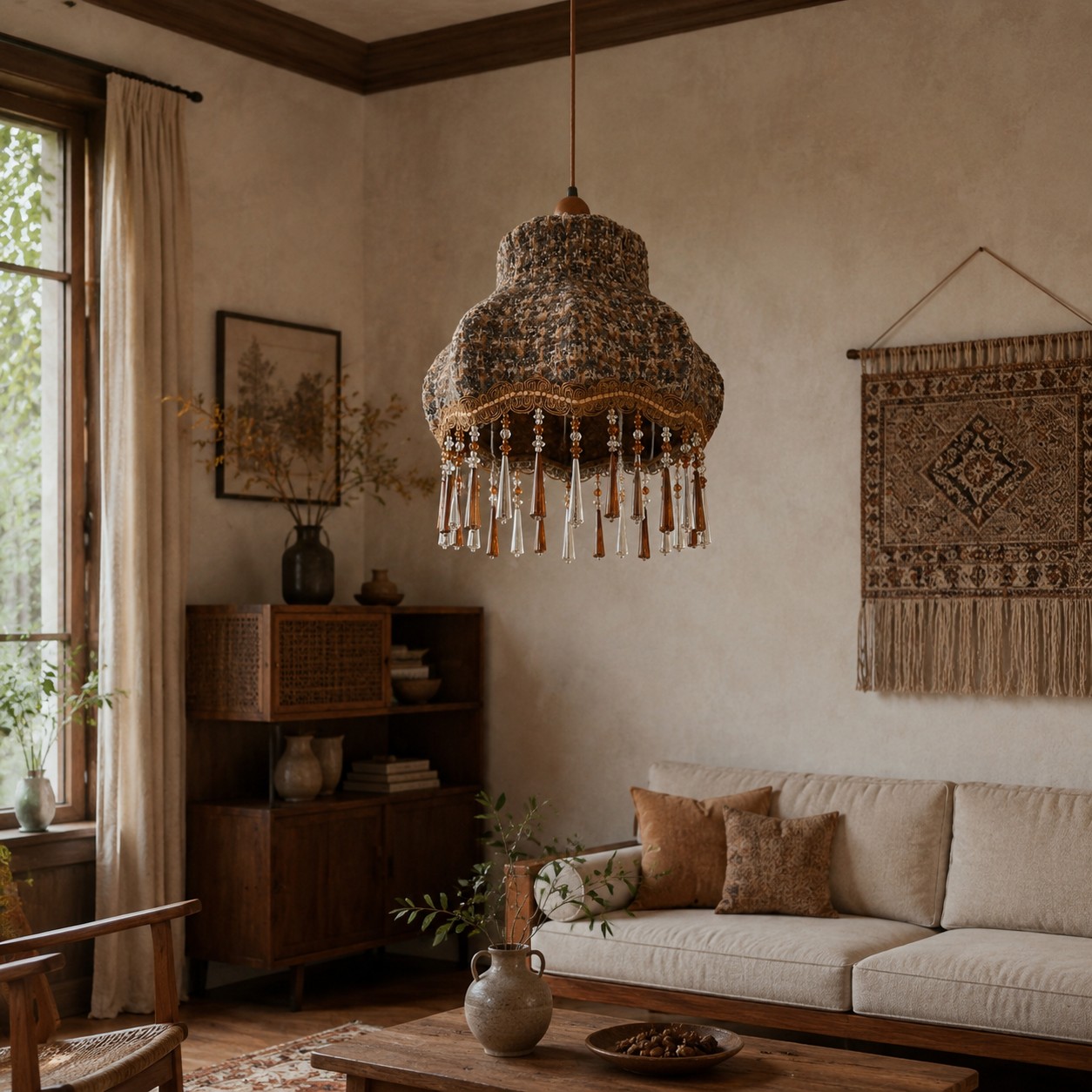Fabric fringe pendant lamp living room scene