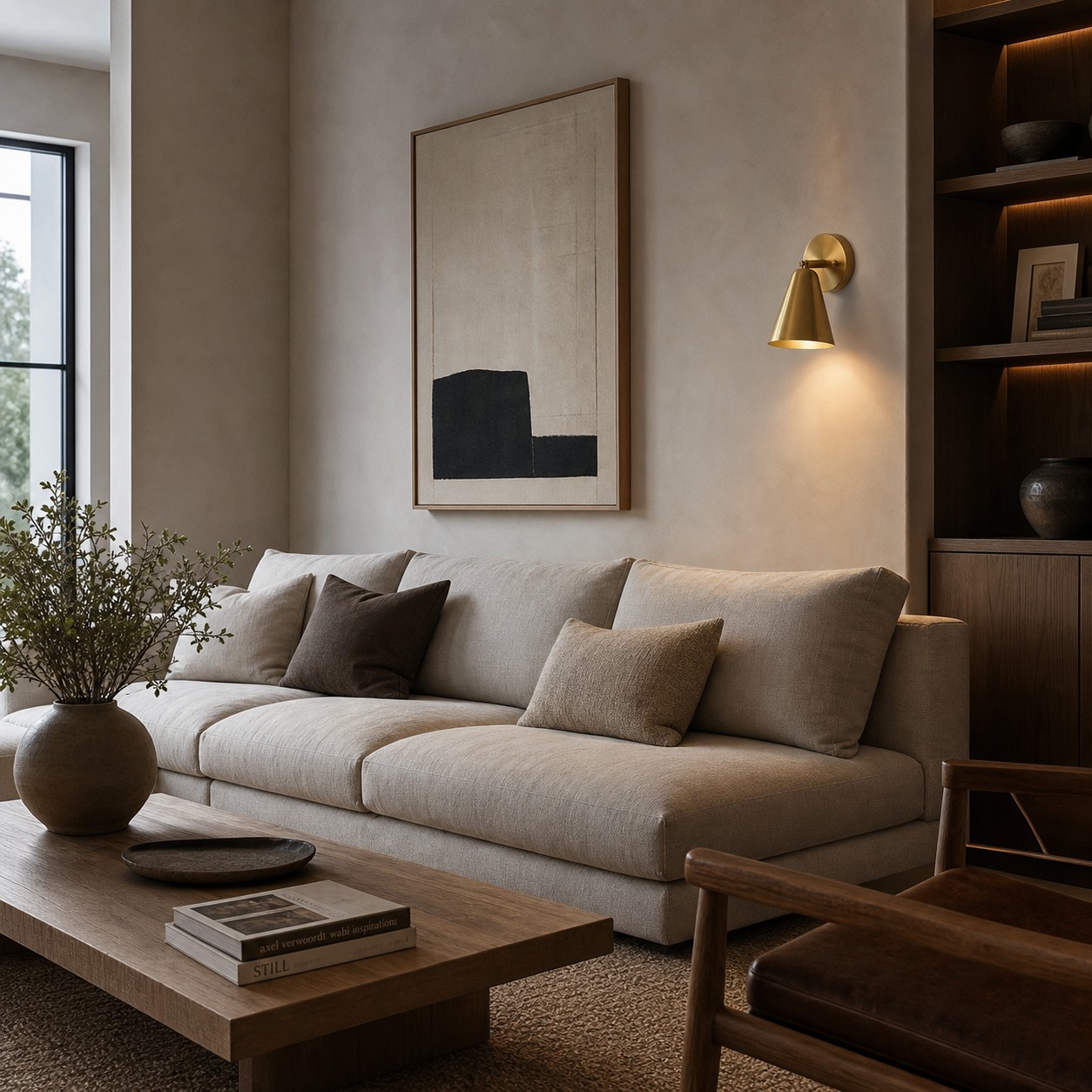 Brass cone wall sconce in a modern living room
