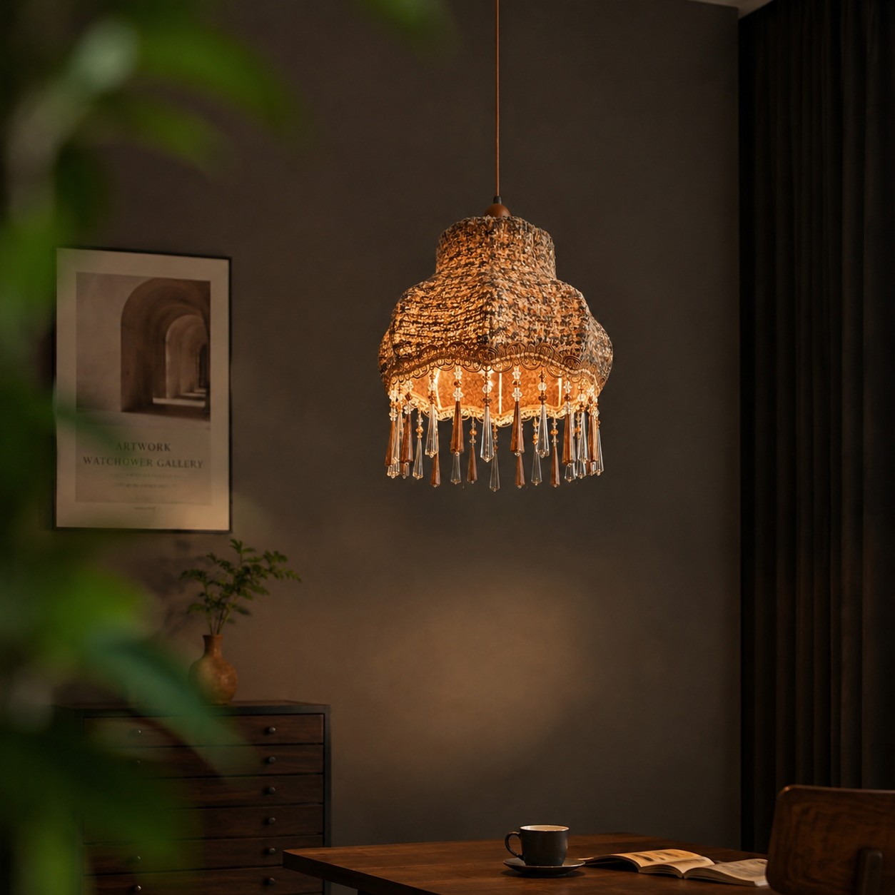 Fabric fringe pendant lamp warm interior scene