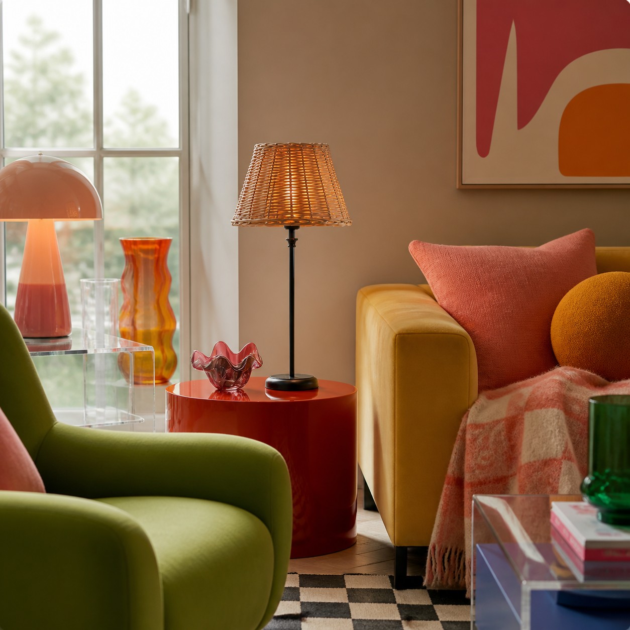 Rattan table lamp in a colorful living room
