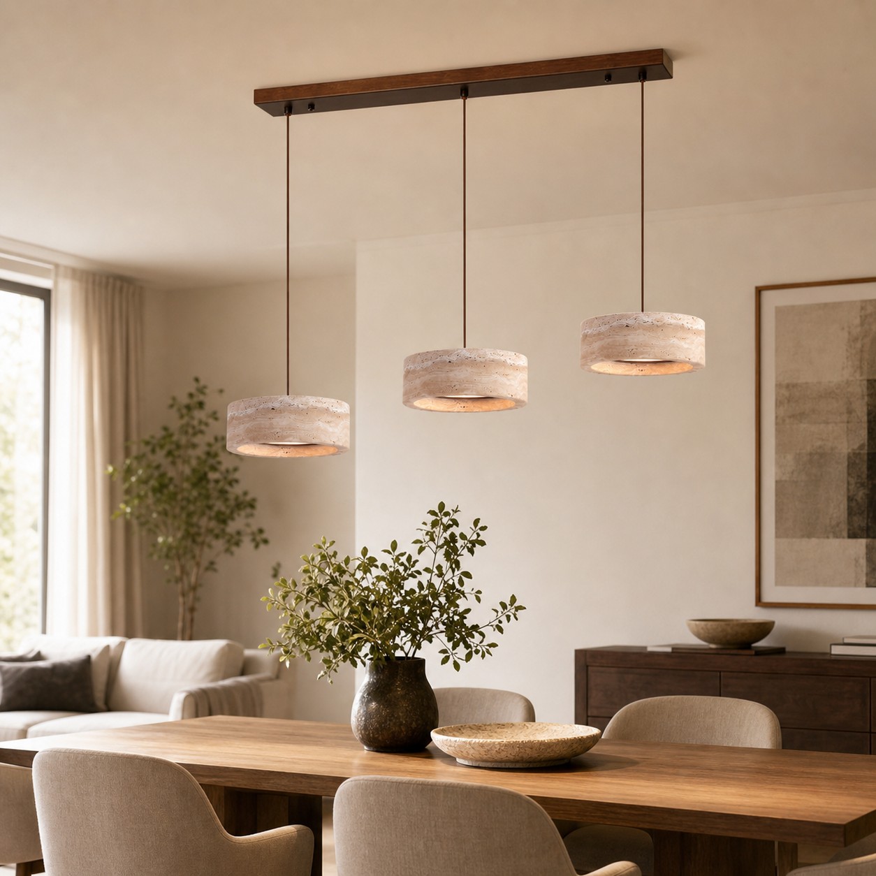 Three-light yellow travertine linear LED pendant over a dining table