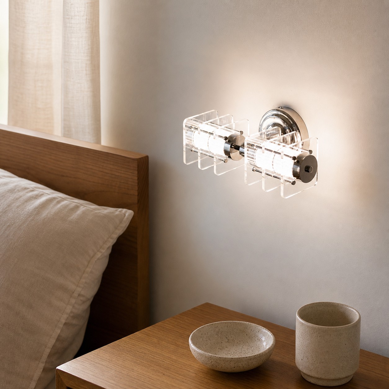 Horizontal Bauhaus acrylic chrome wall lamp in a bedroom wall setting