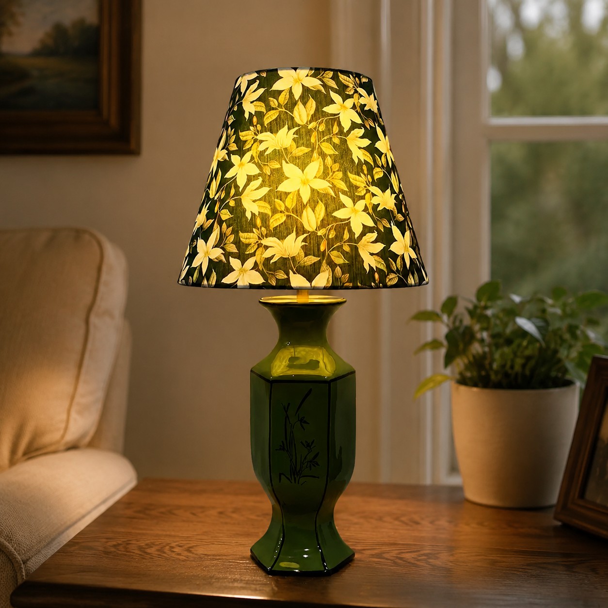 Vintage botanische tafellamp in een gestileerd interieur
