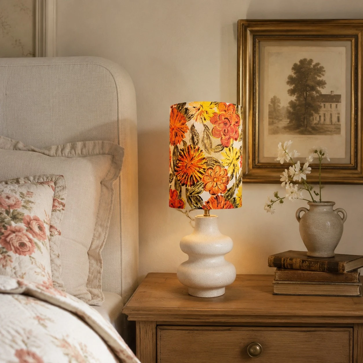 Liberty floral ceramic table lamp styled on a bedroom nightstand