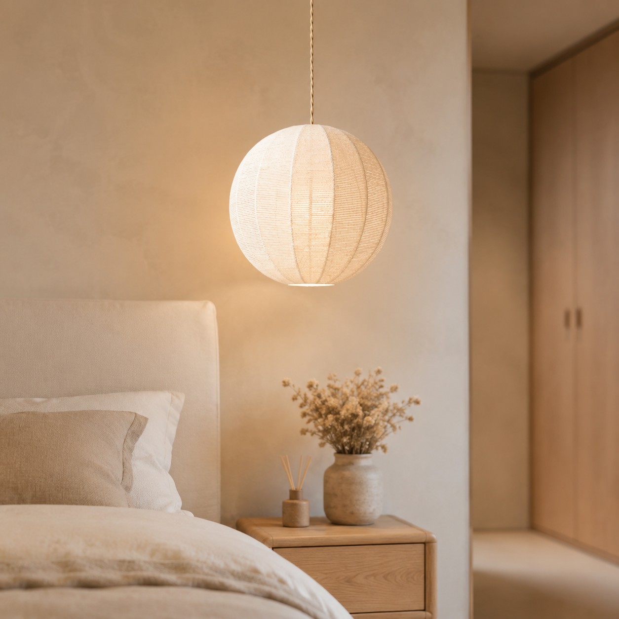 Handwoven globe pendant light in a calm bedroom
