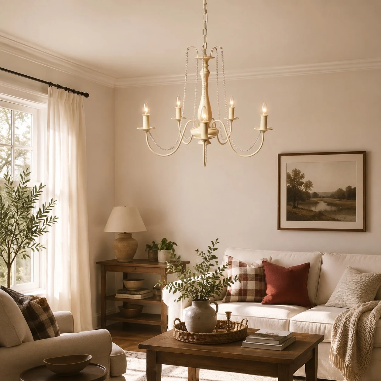 Vintage French crystal candle chandelier in a warm living room