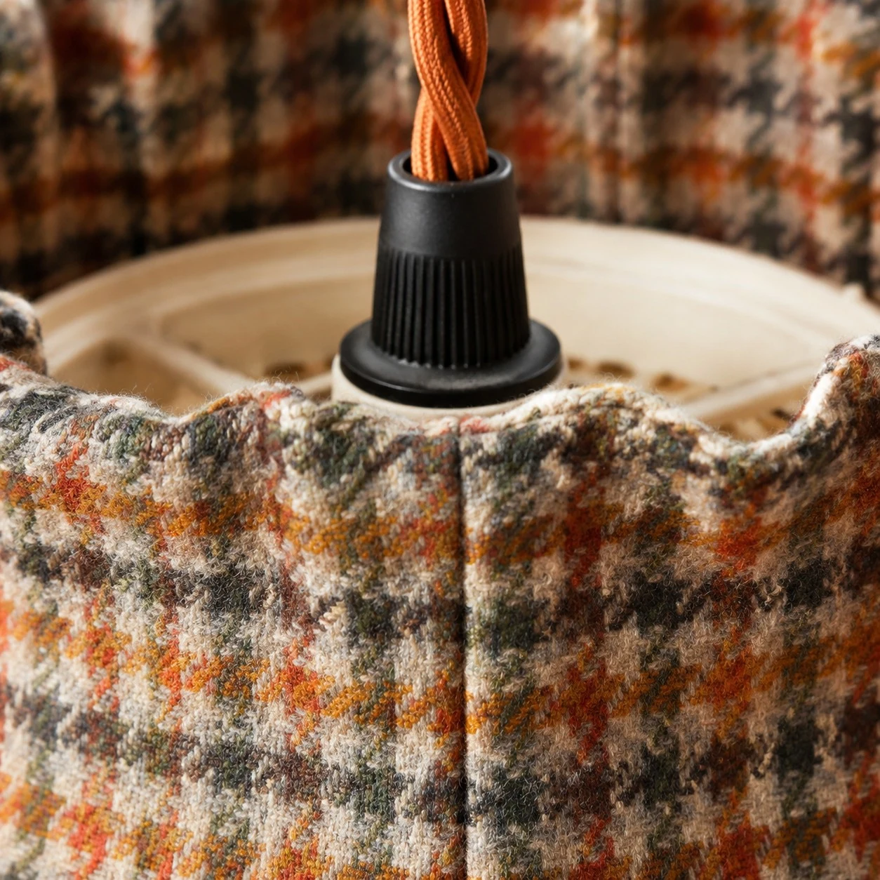 Vintage French Plaid Tweed Fabric Pendant Light