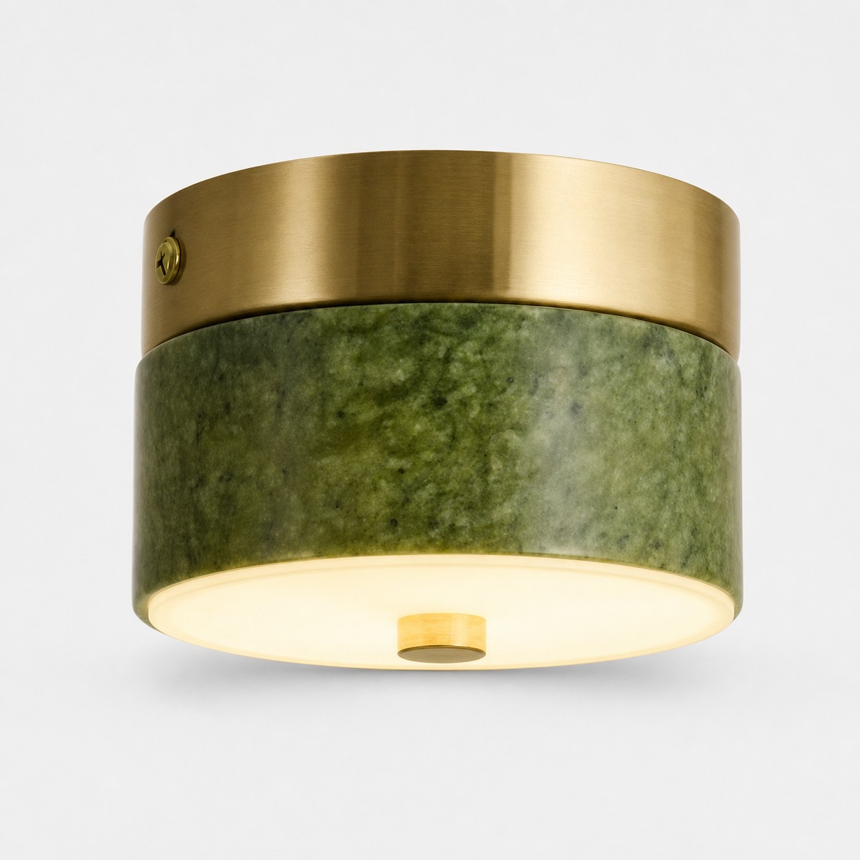 Green jade stone flush mount ceiling lamp with brass tone metal rim