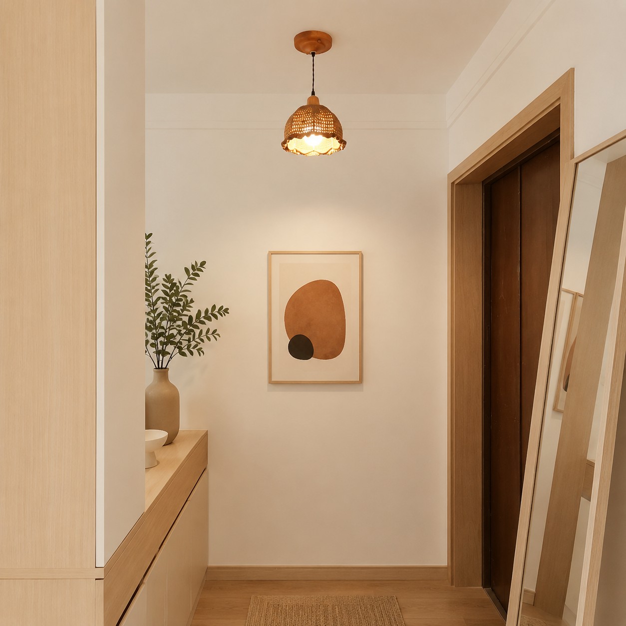 Retro woven pendant light in a wood toned hallway