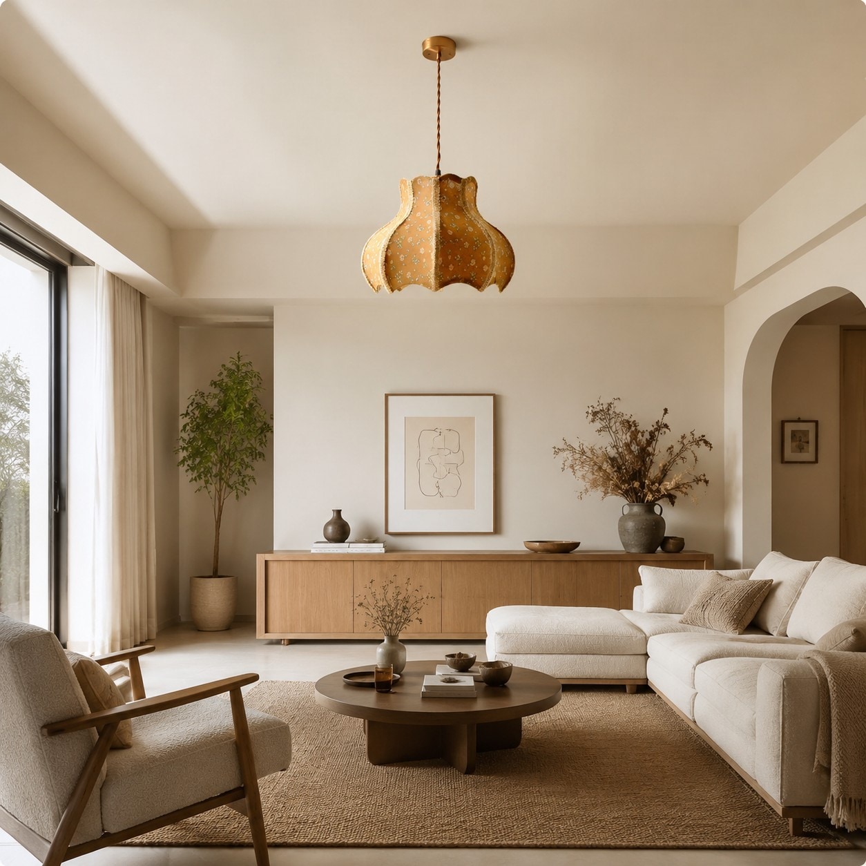 Autumn floral fabric pendant light in a calm living room