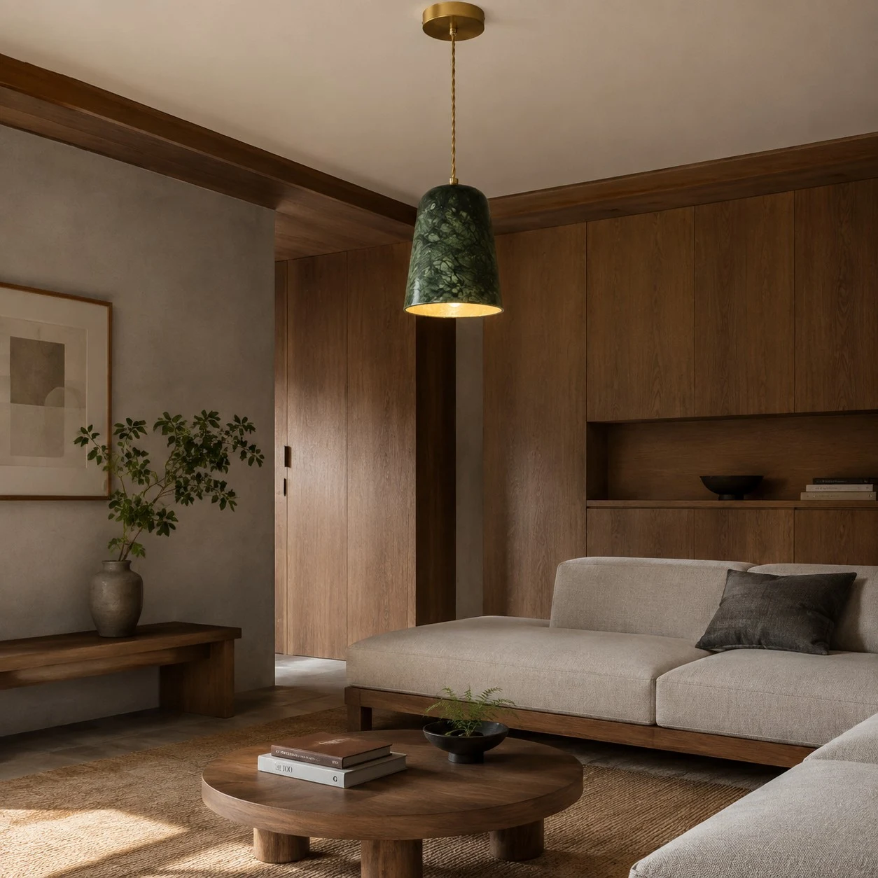 Pendant light in a warm bedside interior